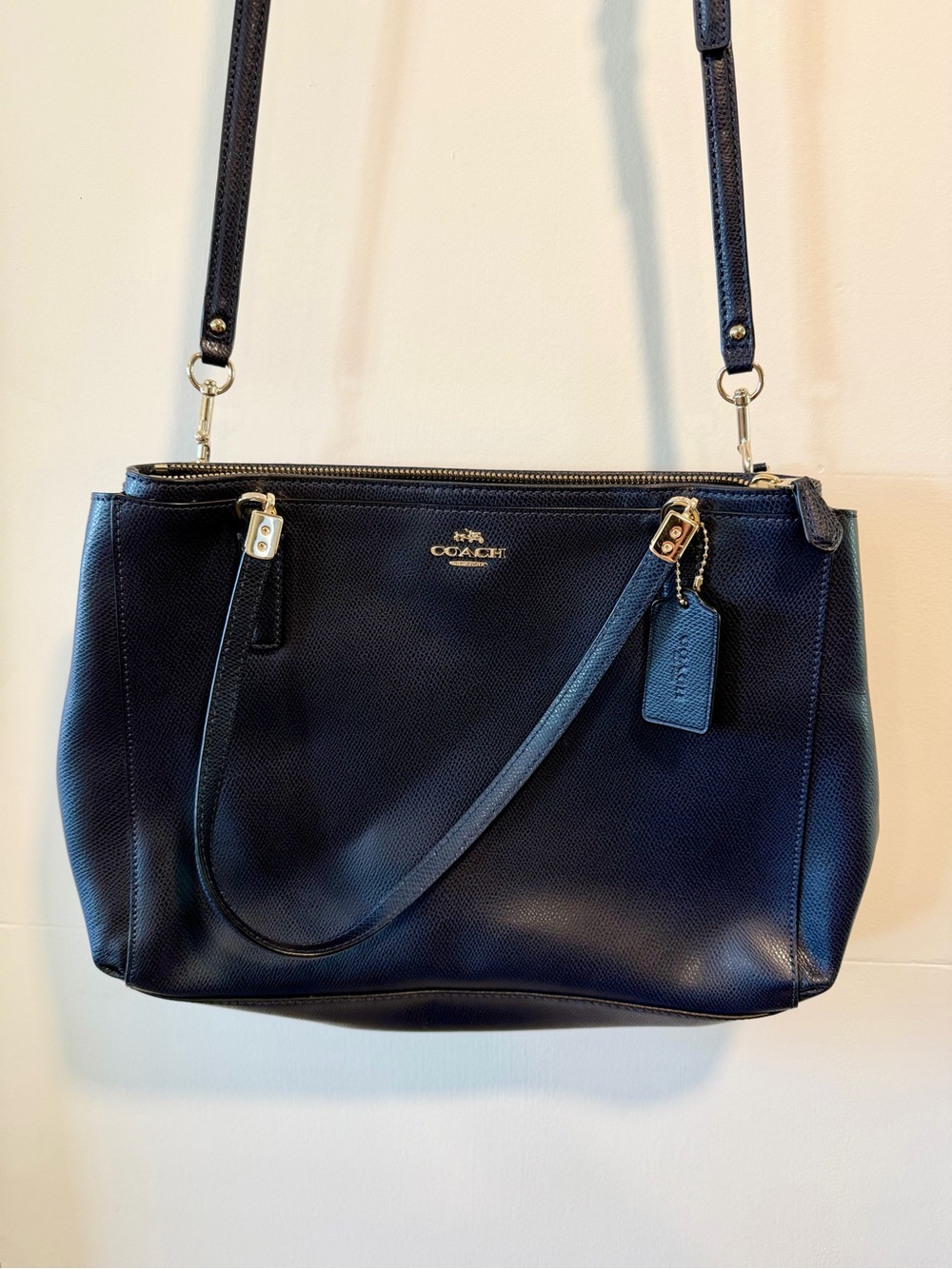 Coach Navy Leather Shoulder Bag with Gold Hardware